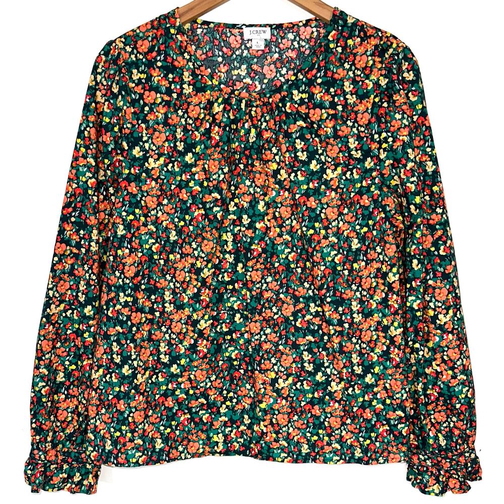 JCrew Green Orange Yellow Floral Shoulder Button Long Sleeve Blouse Size Large